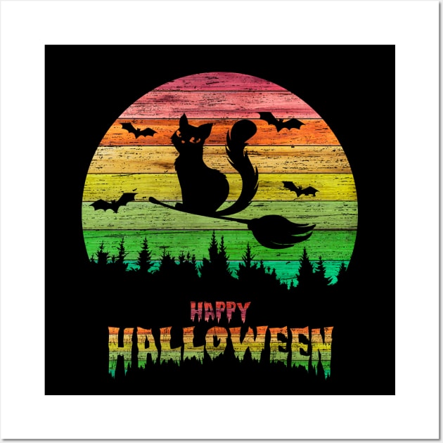 Vintage Halloween Cat Witch Wall Art by anbartshirts